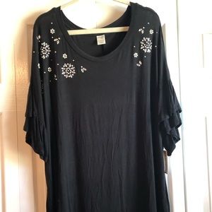 Terra & Sky Black Knit Blouse with Blingy Accents